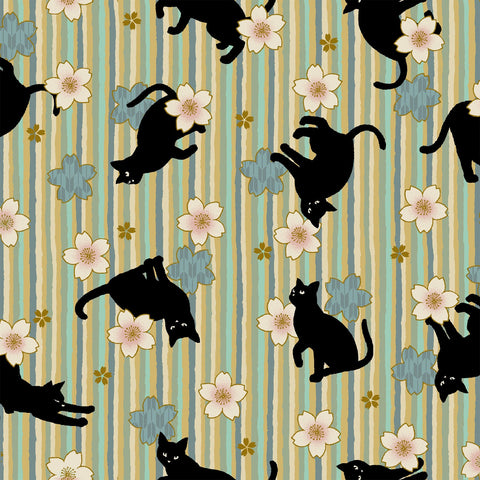 Cherry Blossoms Black Cat Cotton Shirting Fabric - HR3520H