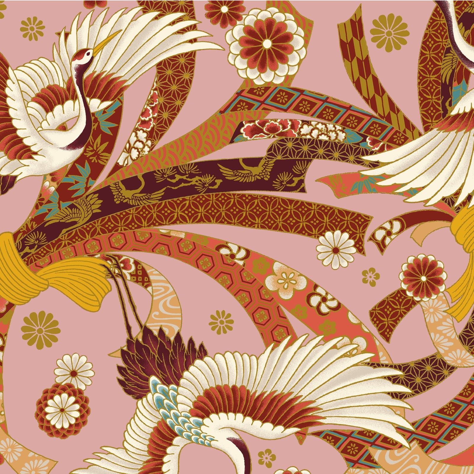 Hyakka Ryoran Cranes Kakuju Cotton Sheeting Fabric - Pink