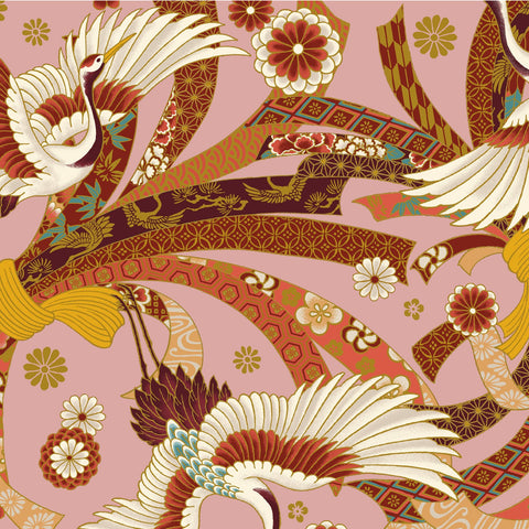 Hyakka Ryoran Cranes Kakuju Cotton Sheeting Fabric - Pink