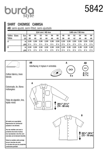 Men's Jacket & Shirt Pattern 5842 - US Sizes 38-48