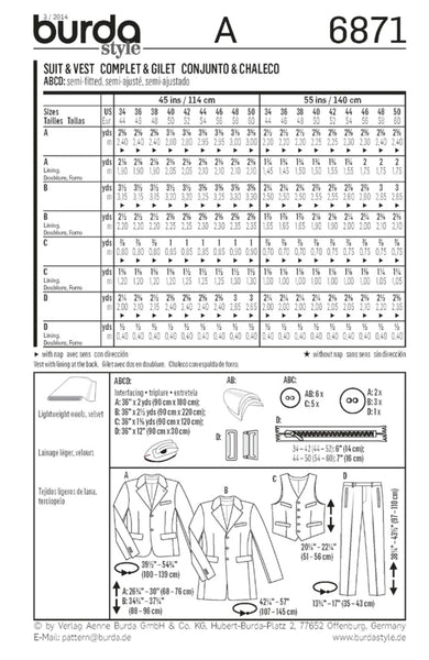 Men's Suit & Vest Pattern 6871 - US Sizes US 34-50