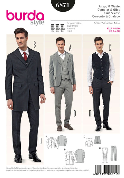 Men's Suit & Vest Pattern 6871 - US Sizes US 34-50