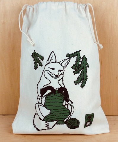 Knitting Fox Drawstring Project Bag