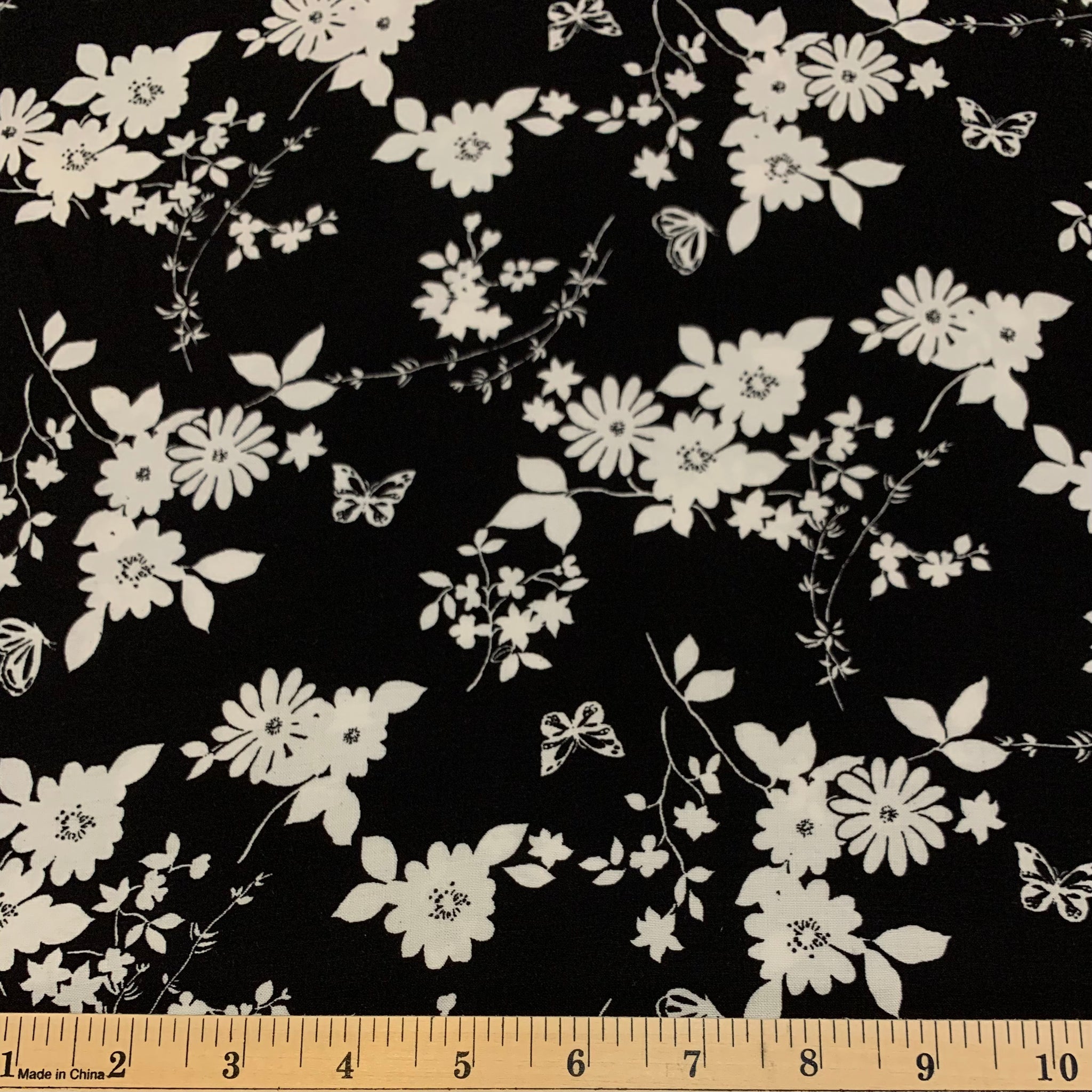 Rayon Challis Print Fabric - Black and White Floral