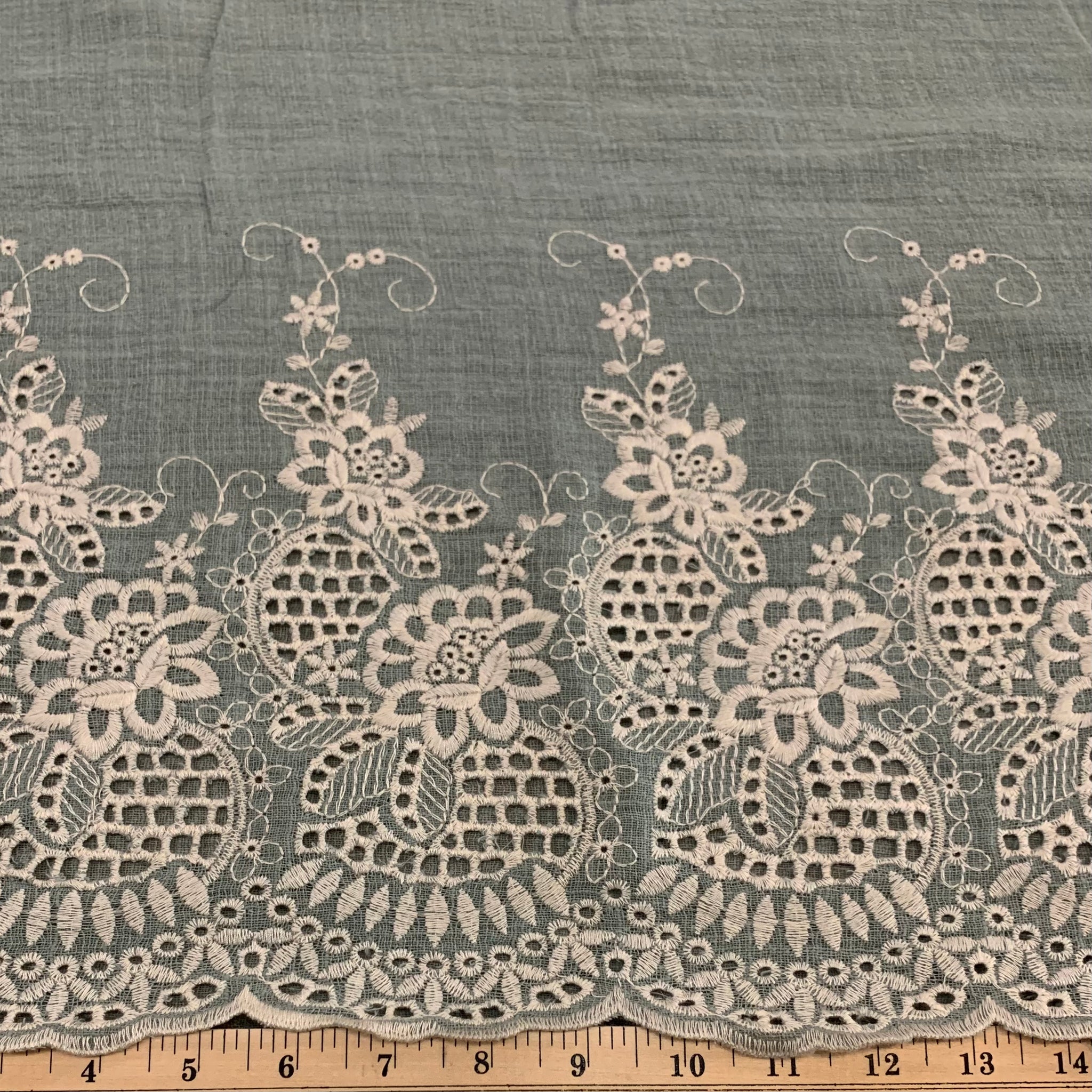 Embroidered Border Cotton Gauze Fabric - Dusty Teal/Grey