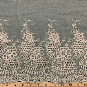 Embroidered Border Cotton Gauze Fabric - Dusty Teal/Grey