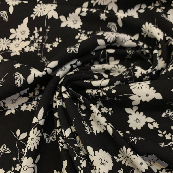 Rayon Challis Print Fabric - Black and White Floral