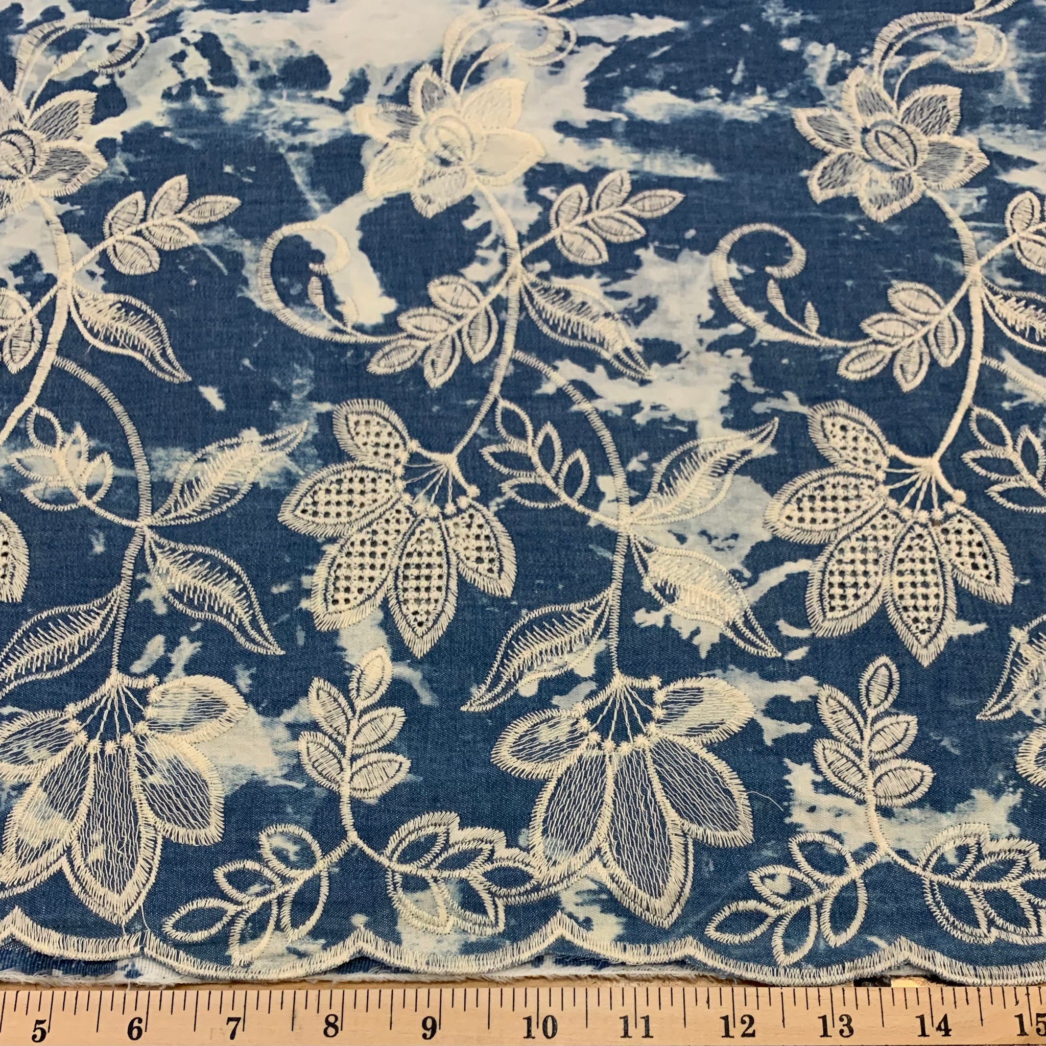 Embroidered Border Bleach Spot Cotton Chambray Fabric