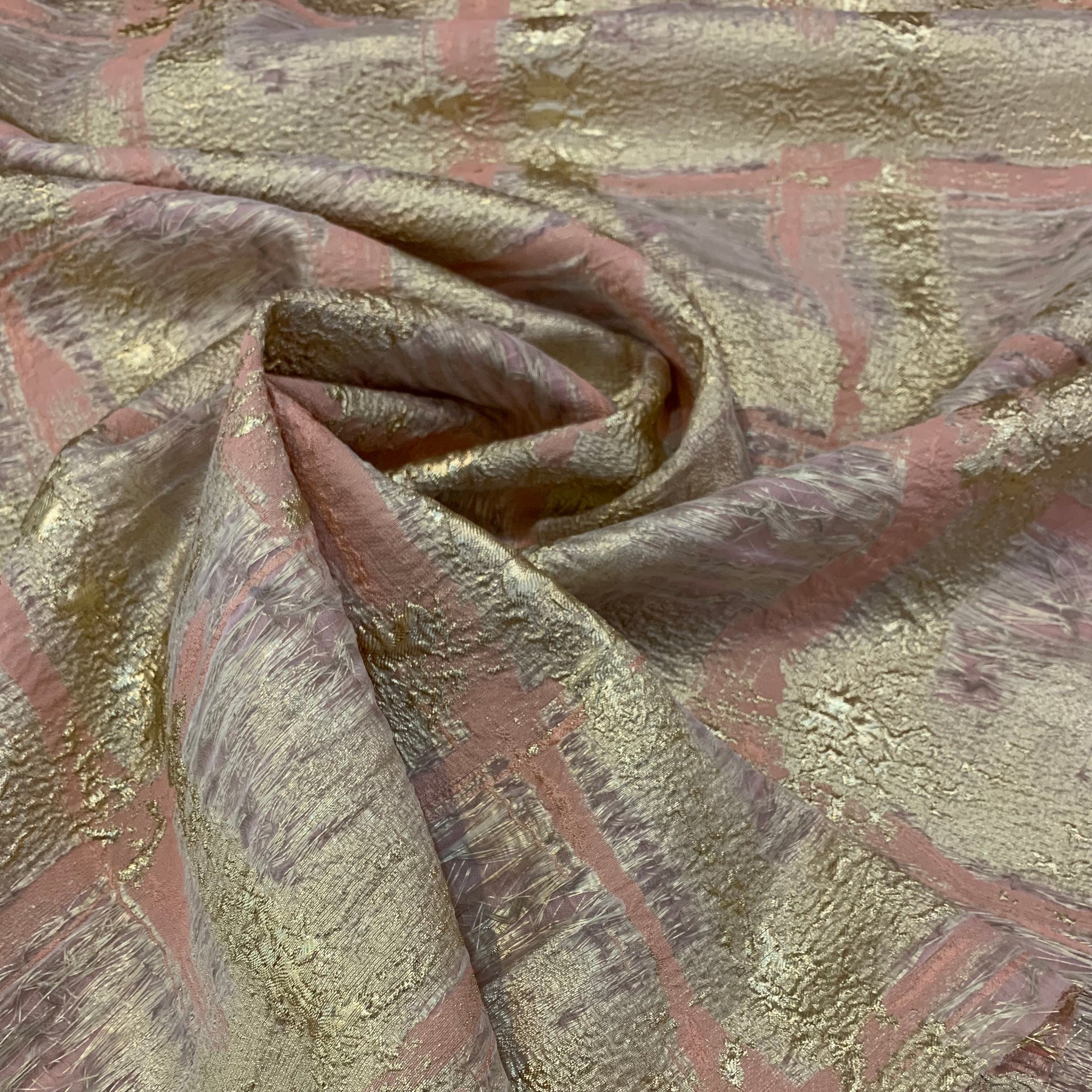 3D Textured Silk Acetate Nylon Poly Fabric - Pink & Gold