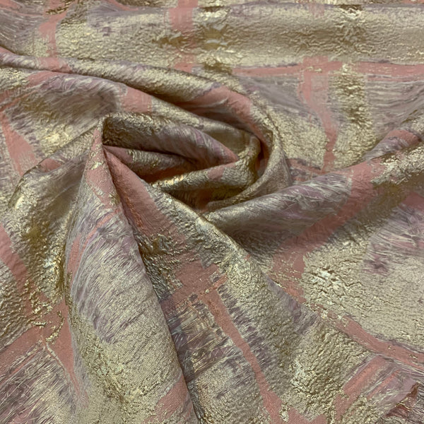 3D Textured Silk Acetate Nylon Poly Fabric - Pink & Gold