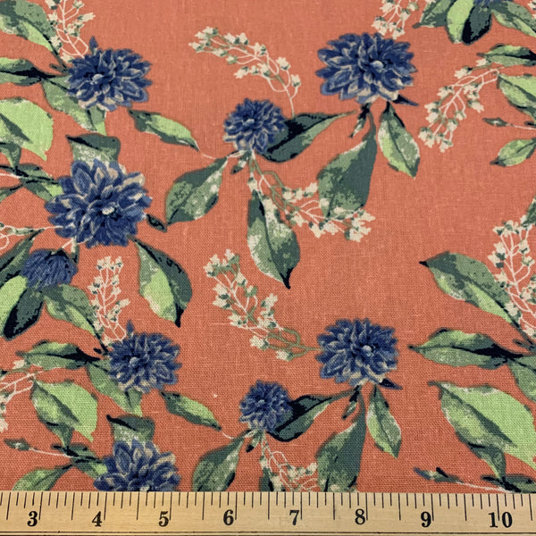 Blue and Rose Floral Cotton Linen Fabric
