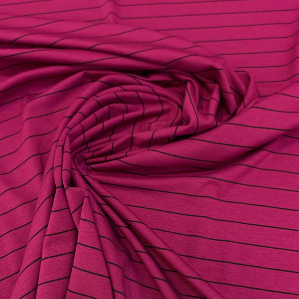 Striped Rayon Lycra Jersey Fabric - Magenta & Black