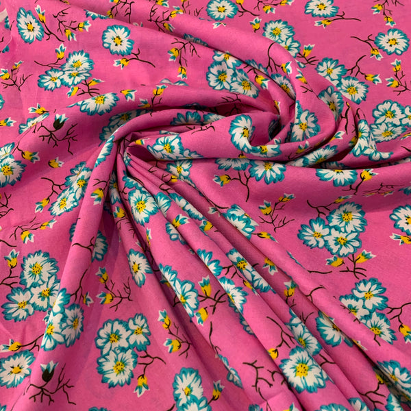 Blossom Bouquets Rayon Challis Fabric - Pink/Teal