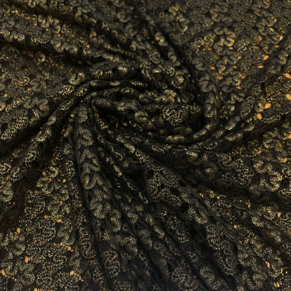 Double Scallop Poly Lurex Lace Fabric - Black and Gold