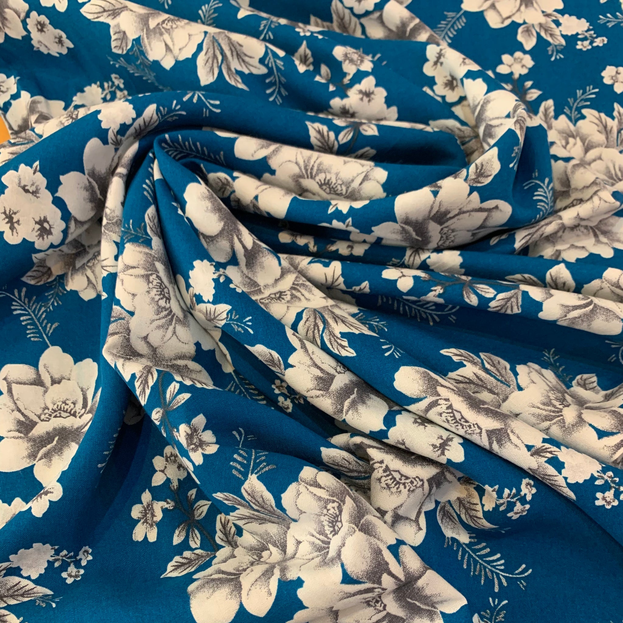 Rose Bouquets Rayon Challis Fabric - Teal/Silver