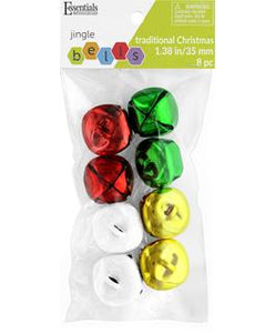 Jingle Bells 35mm Traditional Christmas Colors 8pc Green, Red, White & Gold