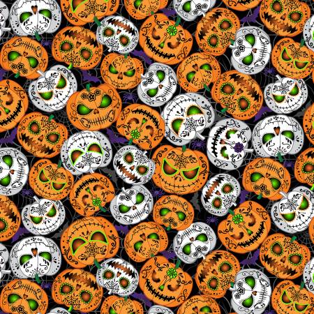 Glow in the Dark Scary Pumpkins Cotton Fabric - Black WICKED-CG8651