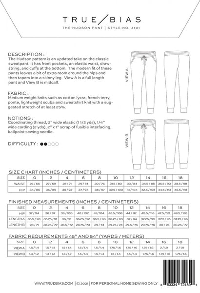 Hudson Pant Pattern - sizes 0-18
