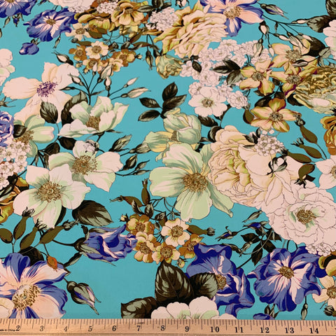 Emanuel Ungaro Floral Silk Lycra Fabric - Aqua