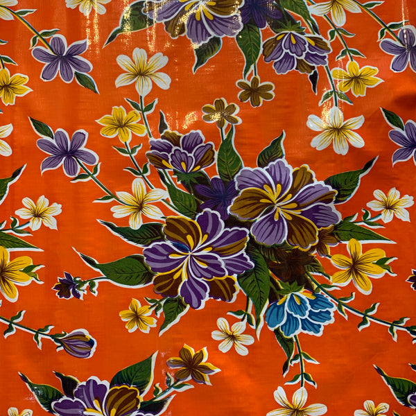 Hibiscus w/ Purple Flowers Oilcloth Fabric - Orange
