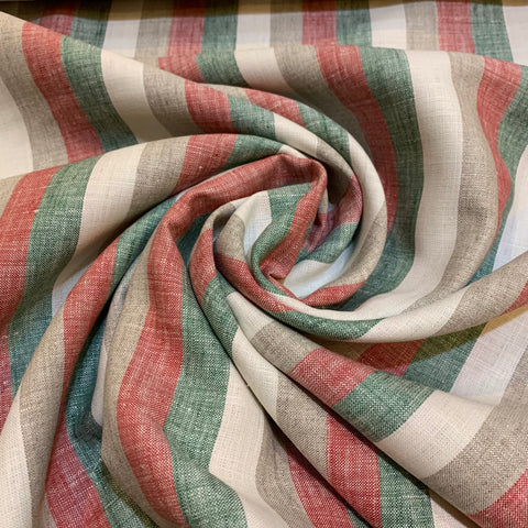 Midweight Linen Fabric - Red Green Natural Stripe