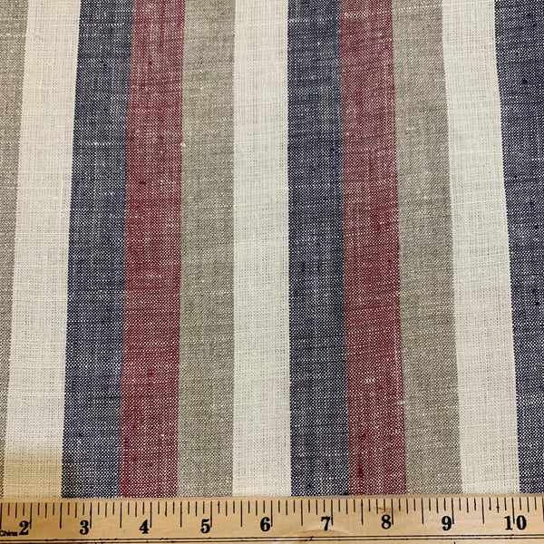 Midweight Linen Fabric - Navy Red Natural Ivory Stripe