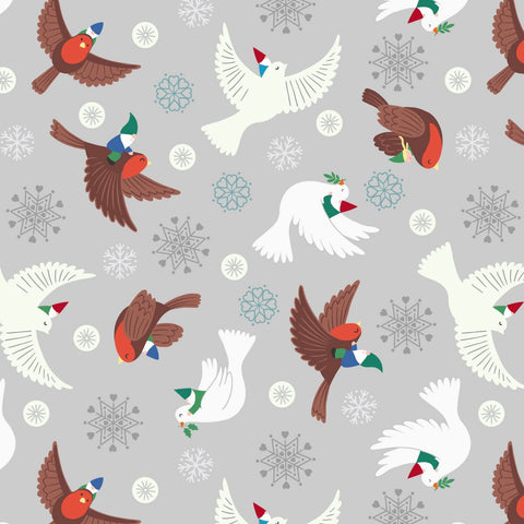 Glow in the Dark Flying Tomte Cotton Fabric - Grey