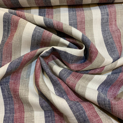 Midweight Linen Fabric - Navy Red Natural Ivory Stripe