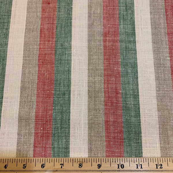Midweight Linen Fabric - Red Green Natural Stripe