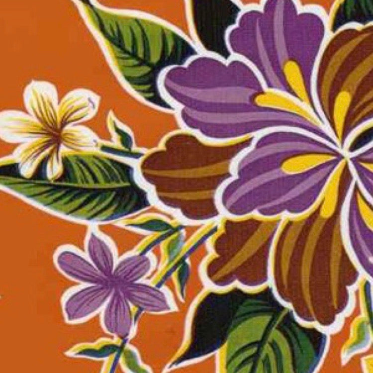 Hibiscus w/ Purple Flowers Oilcloth Fabric - Orange